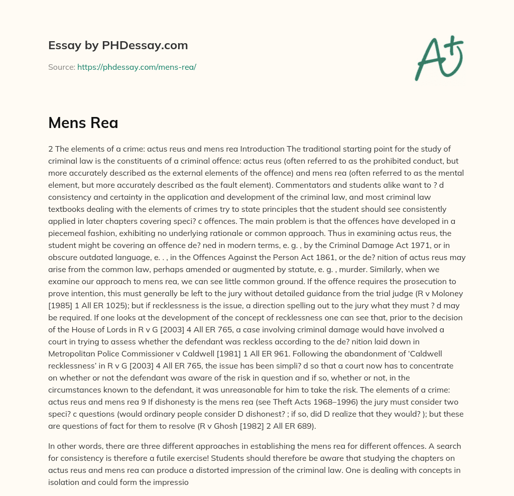 The Elements of a Crime: Actus Reus and Mens Rea – Understanding the External and Fault Elements of Criminal Offences essay