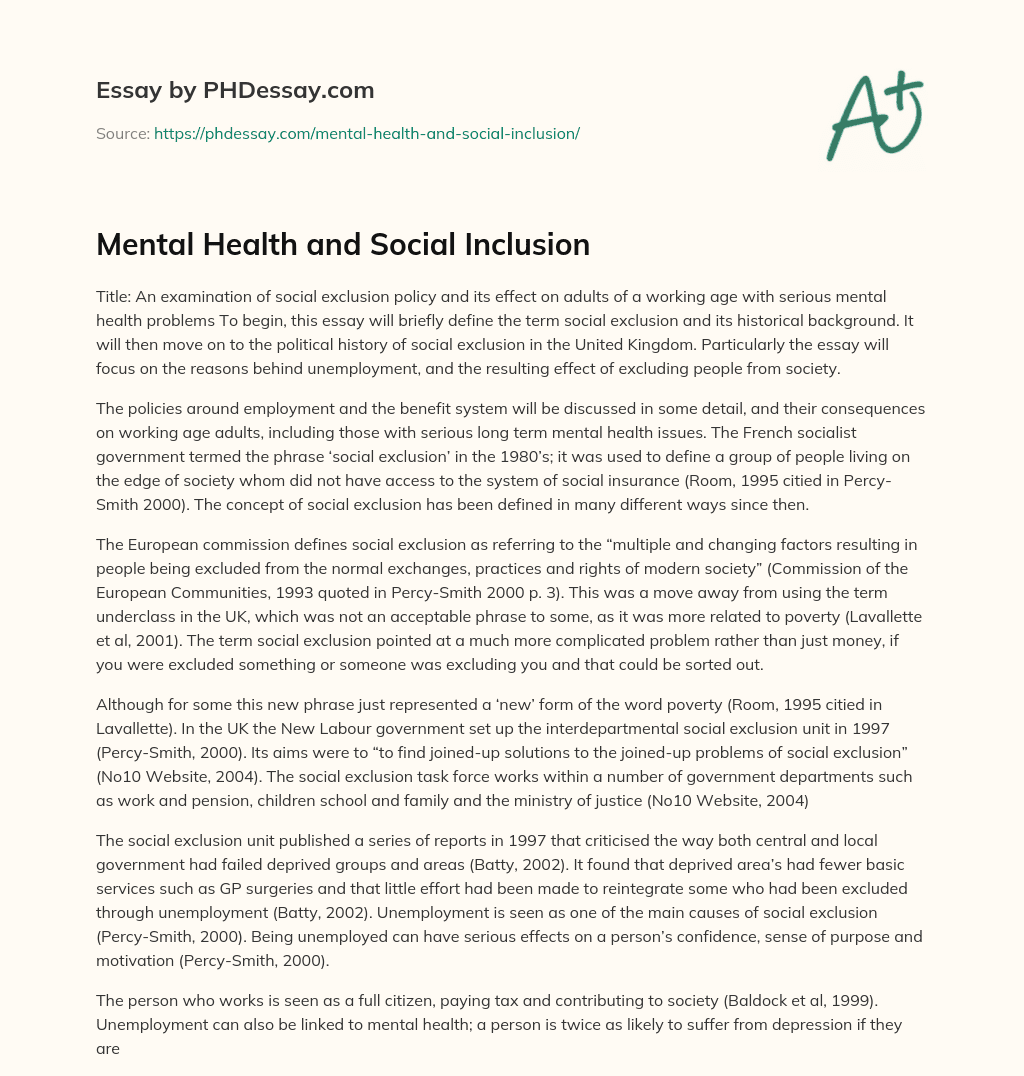 Mental Health and Social Inclusion - PHDessay.com