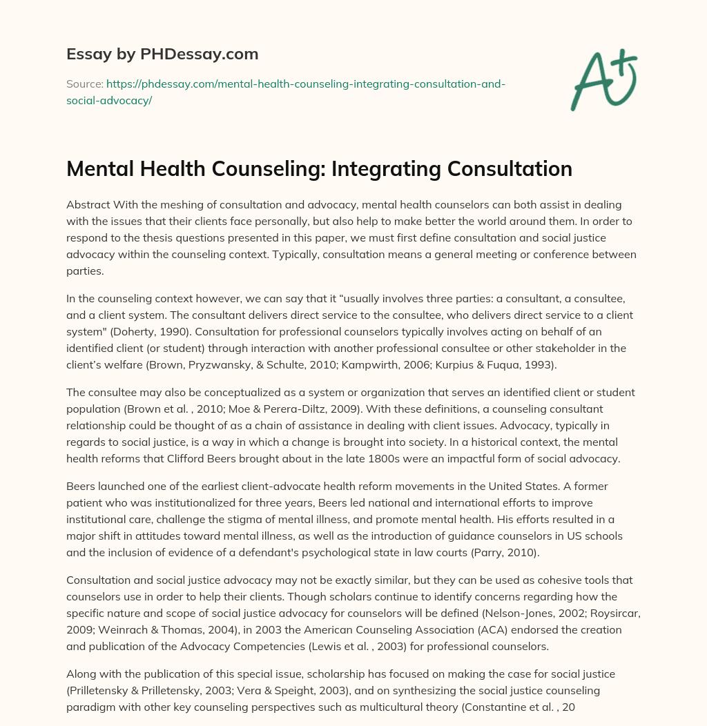 Mental Health Counseling: Integrating Consultation essay