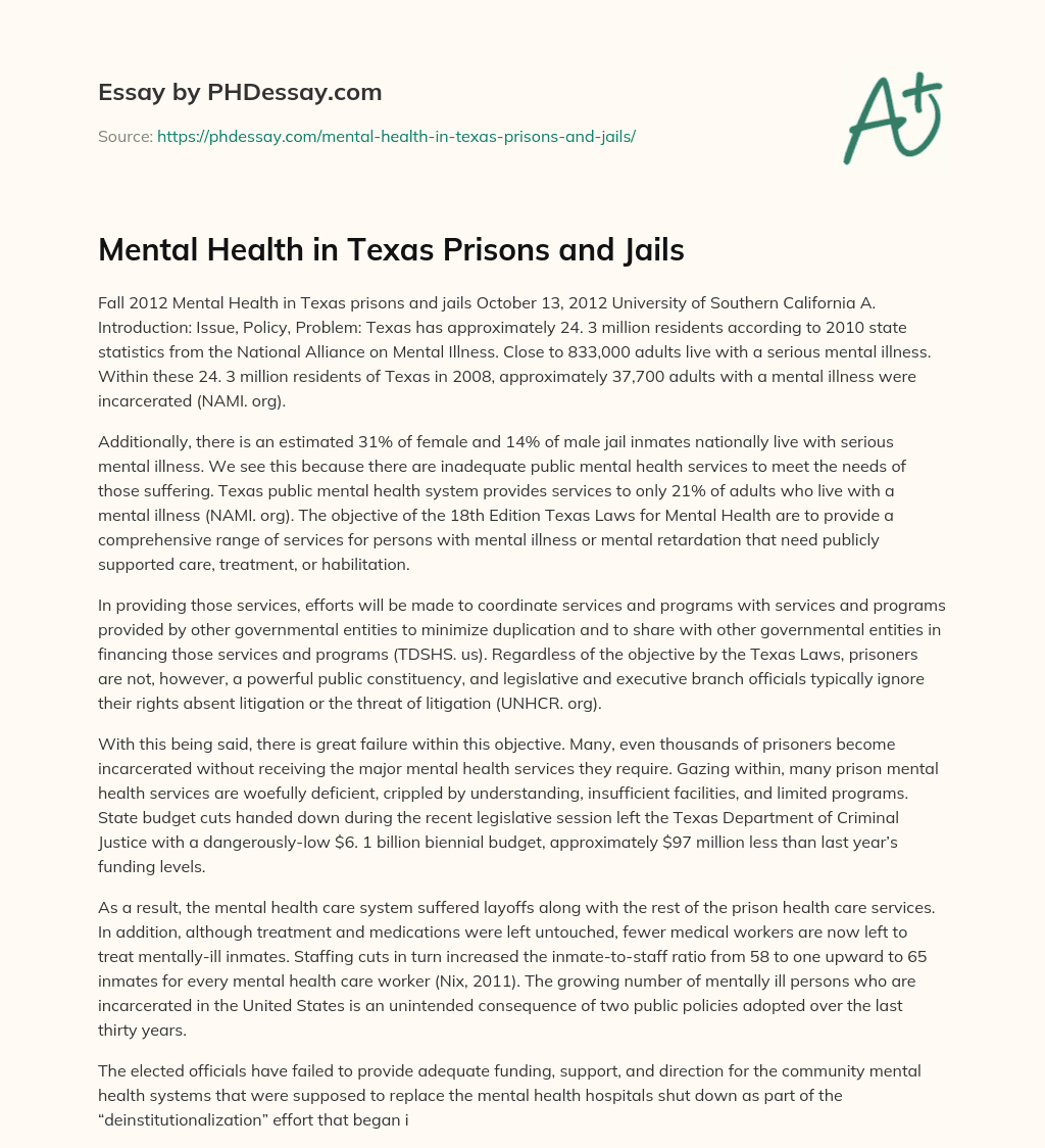 Mental Health in Texas Prisons and Jails essay