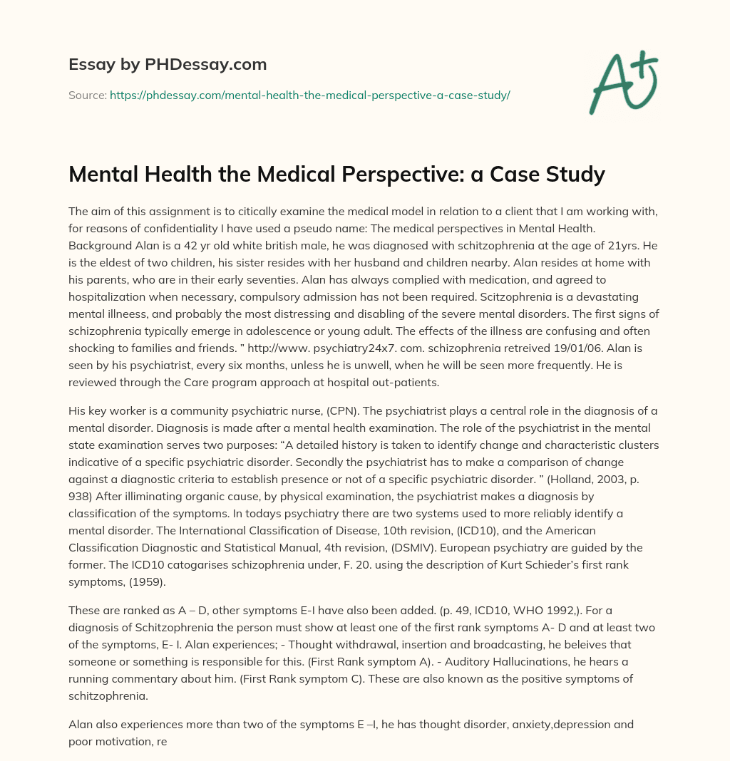 Mental Health the Medical Perspective: a Case Study essay