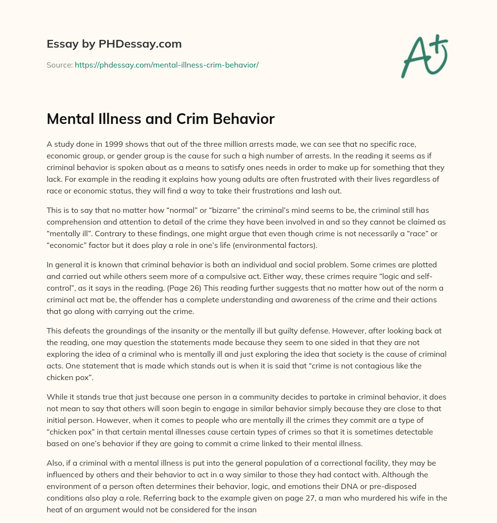 Mental Illness and Crim Behavior essay