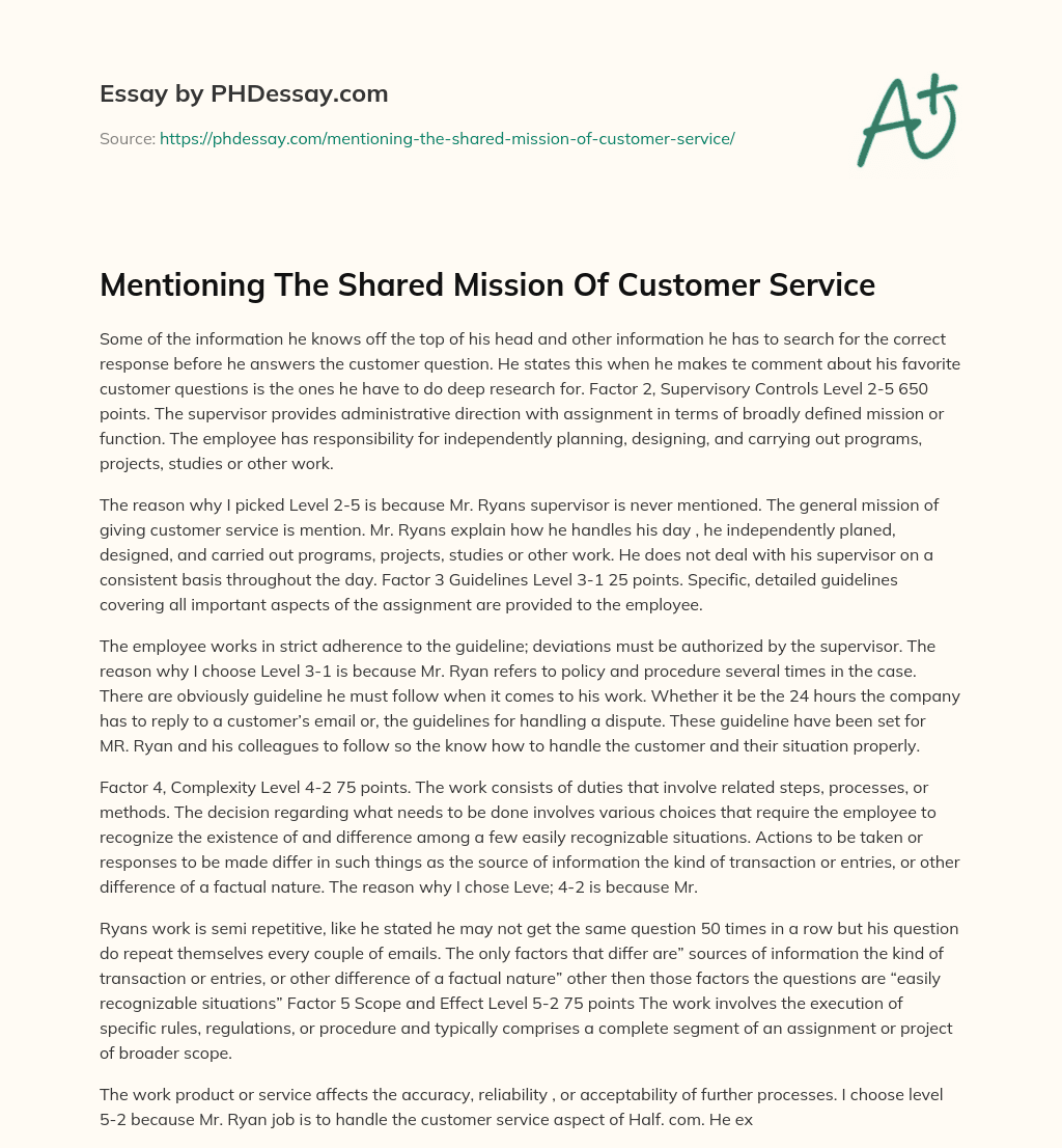Mentioning The Shared Mission Of Customer Service essay