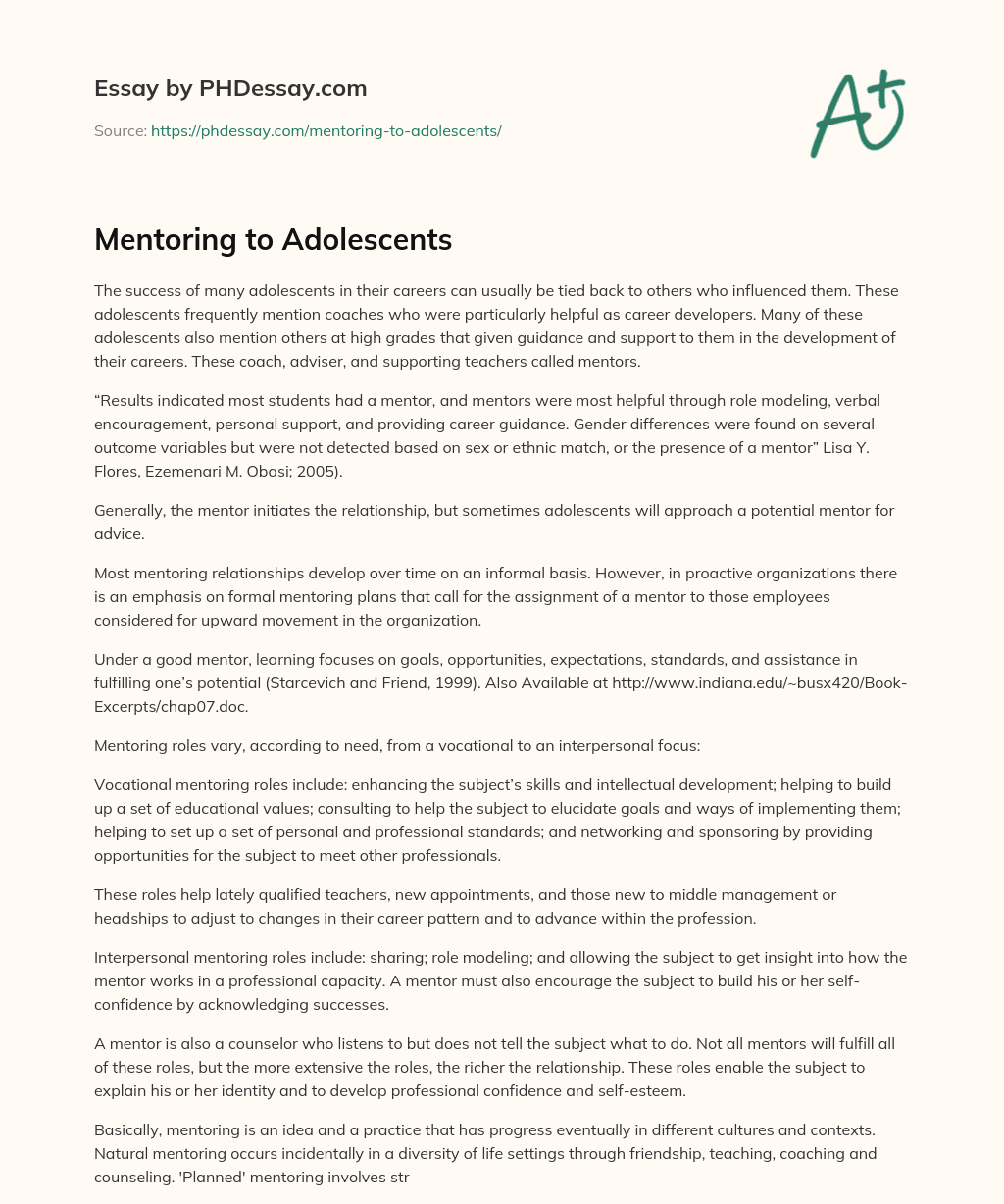 Mentoring to Adolescents essay