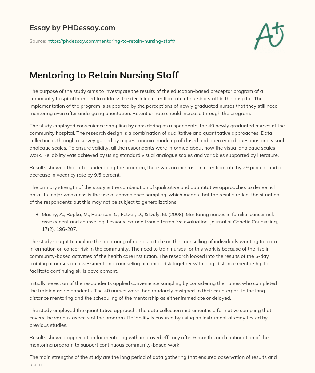 Mentoring to Retain Nursing Staff essay
