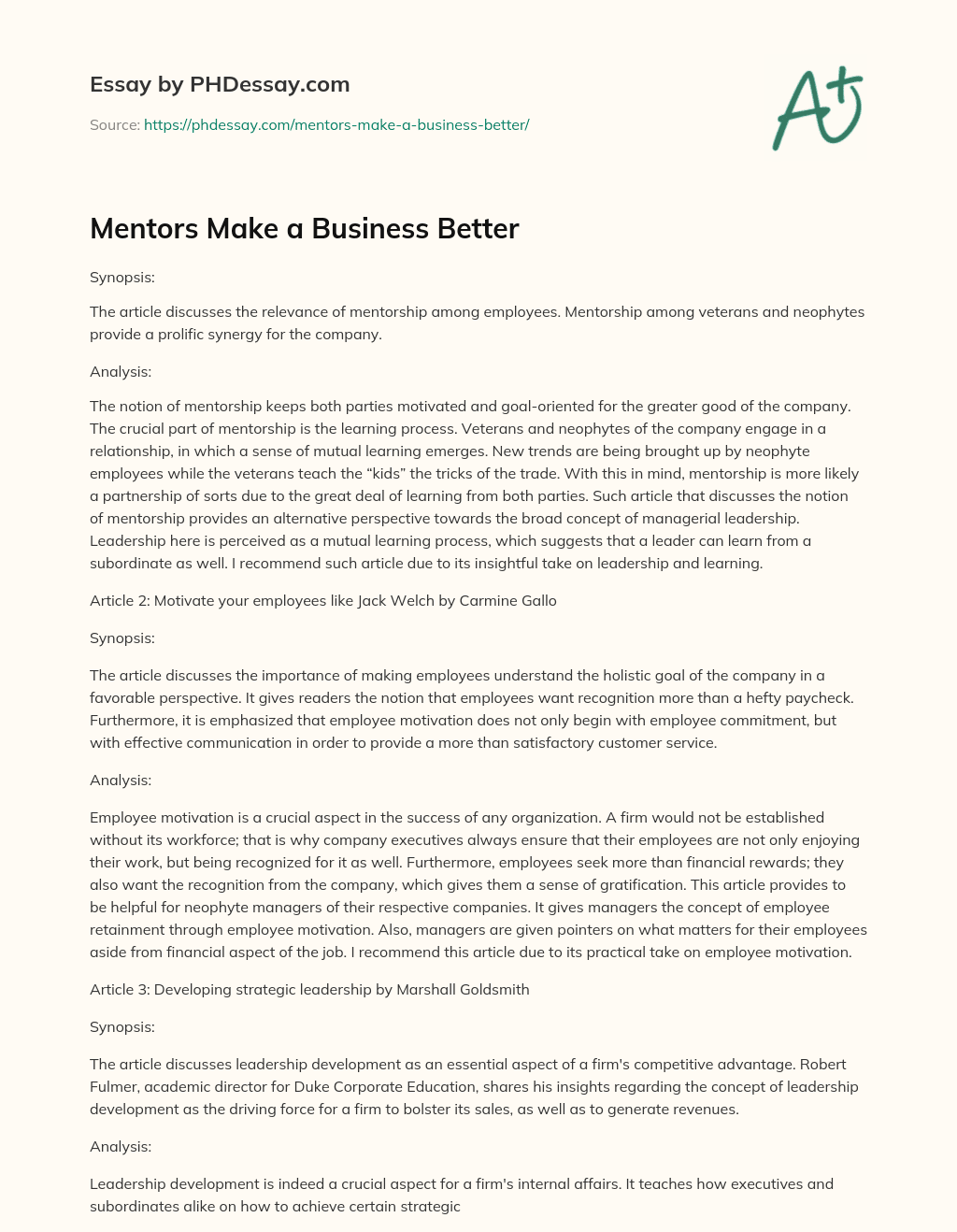 Mentors Make a Business Better essay