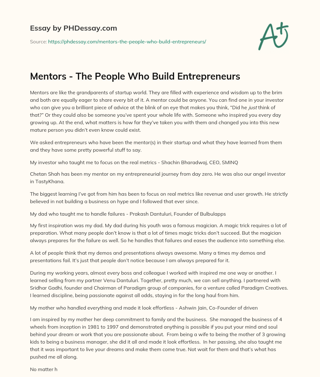 Mentors – The People Who Build Entrepreneurs essay