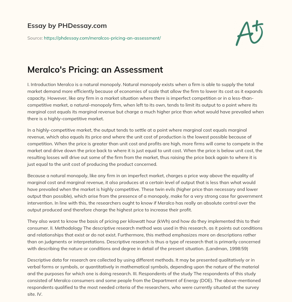 Meralco’s Pricing: an Assessment essay