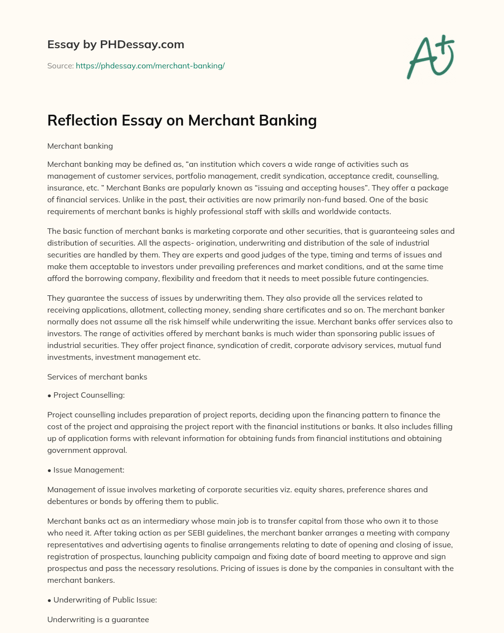 Reflection Essay on Merchant Banking essay