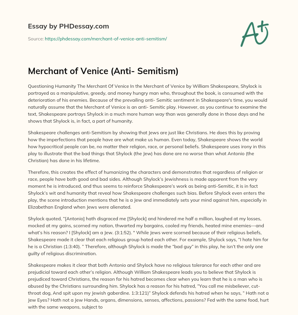 Merchant of Venice  (Anti- Semitism) essay