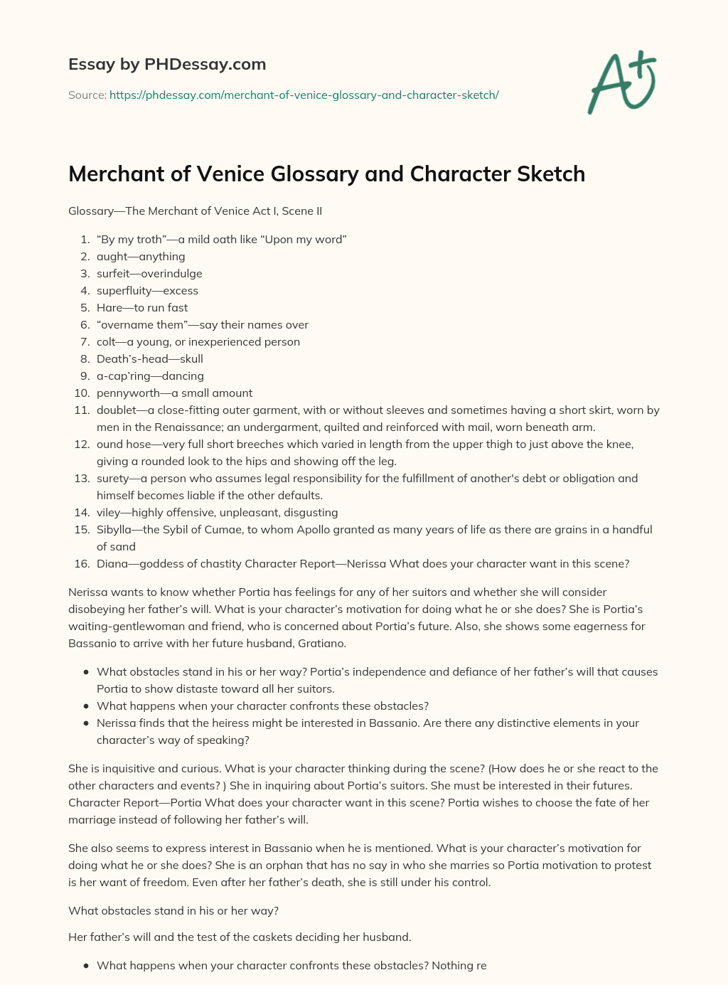 Merchant of Venice Glossary and Character Sketch essay