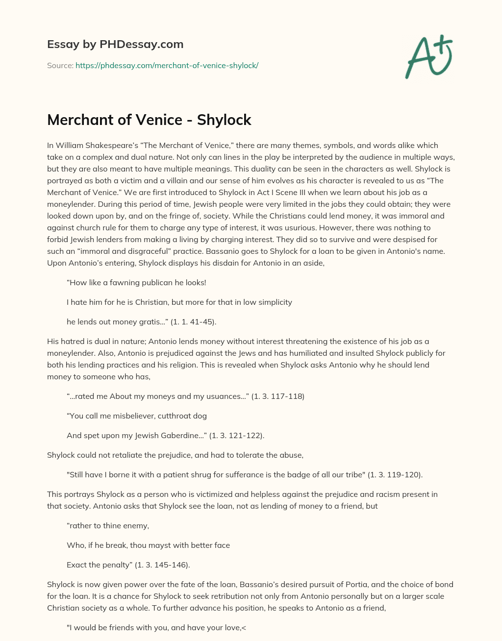 Merchant of Venice – Shylock essay