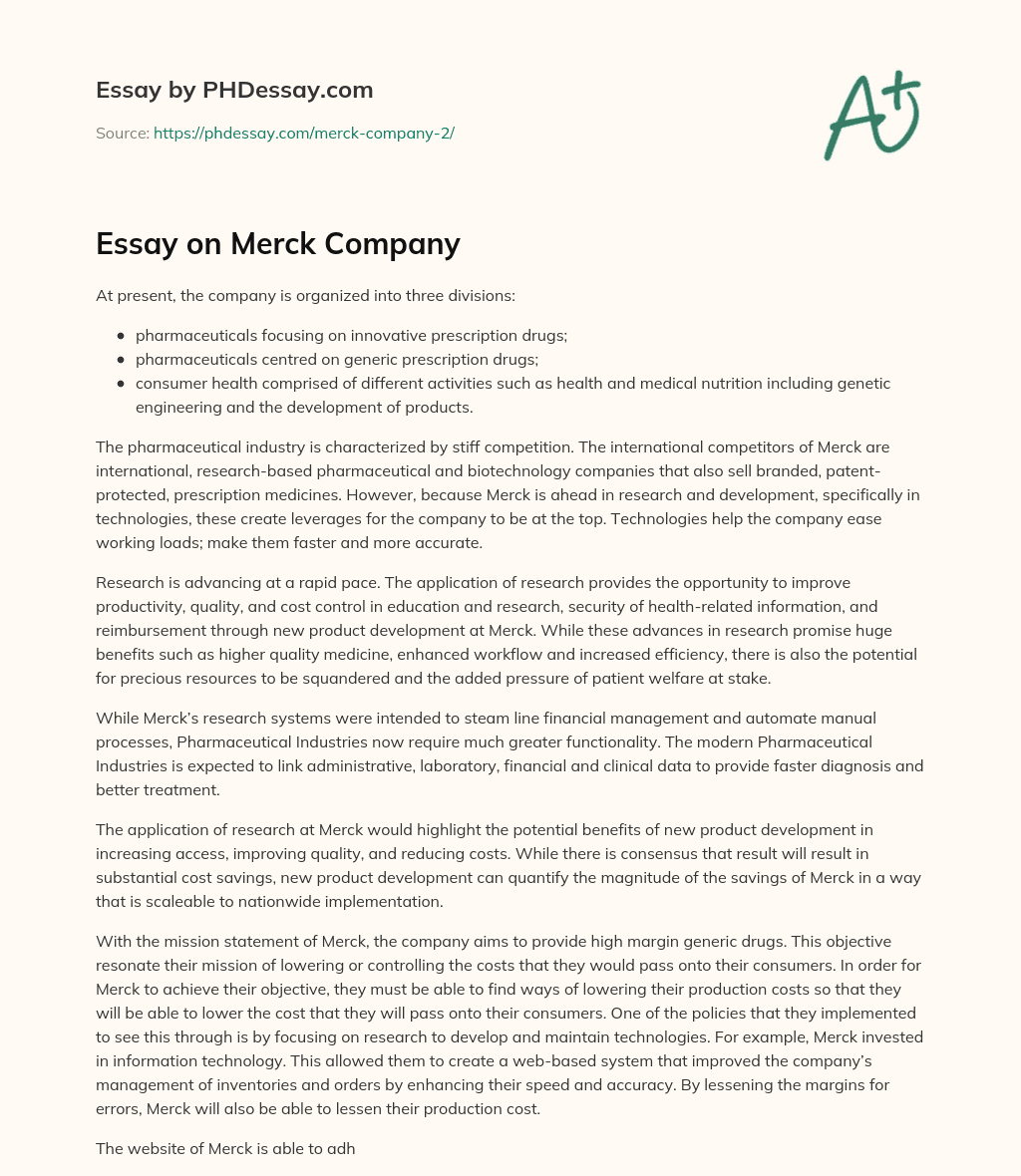 Merck’s Research and Development Technologies and their Impact on the Pharmaceutical Industry essay