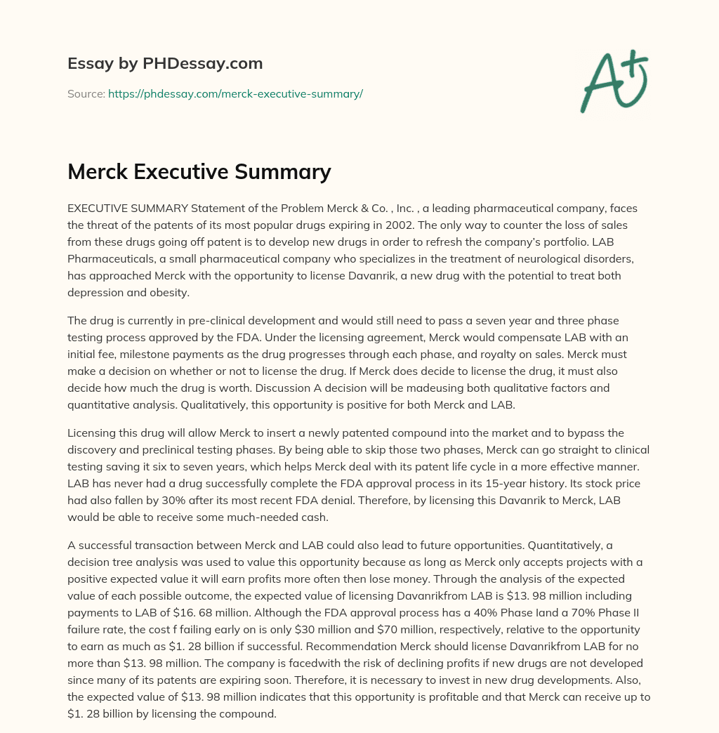 Merck Executive Summary essay