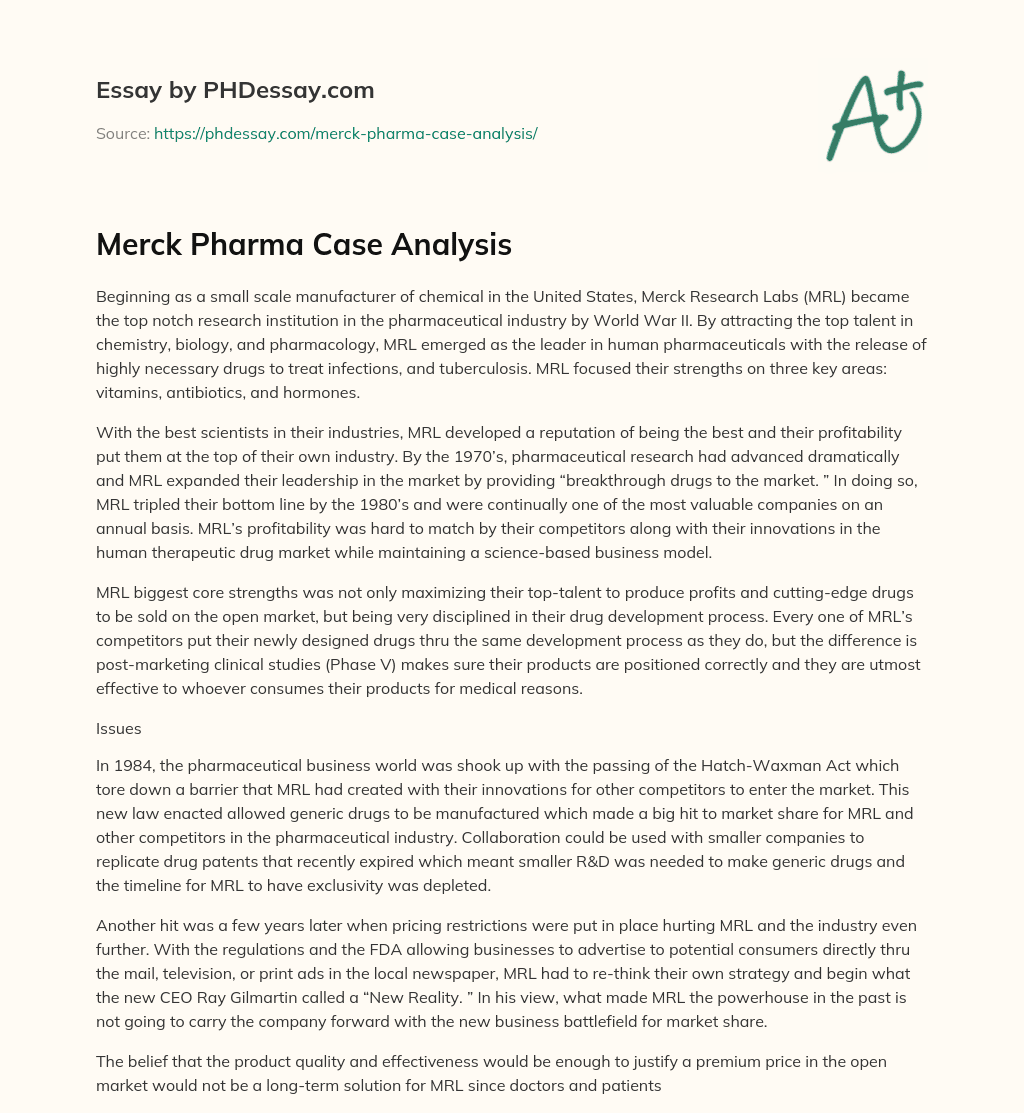 Merck Pharma Case Analysis Phdessay