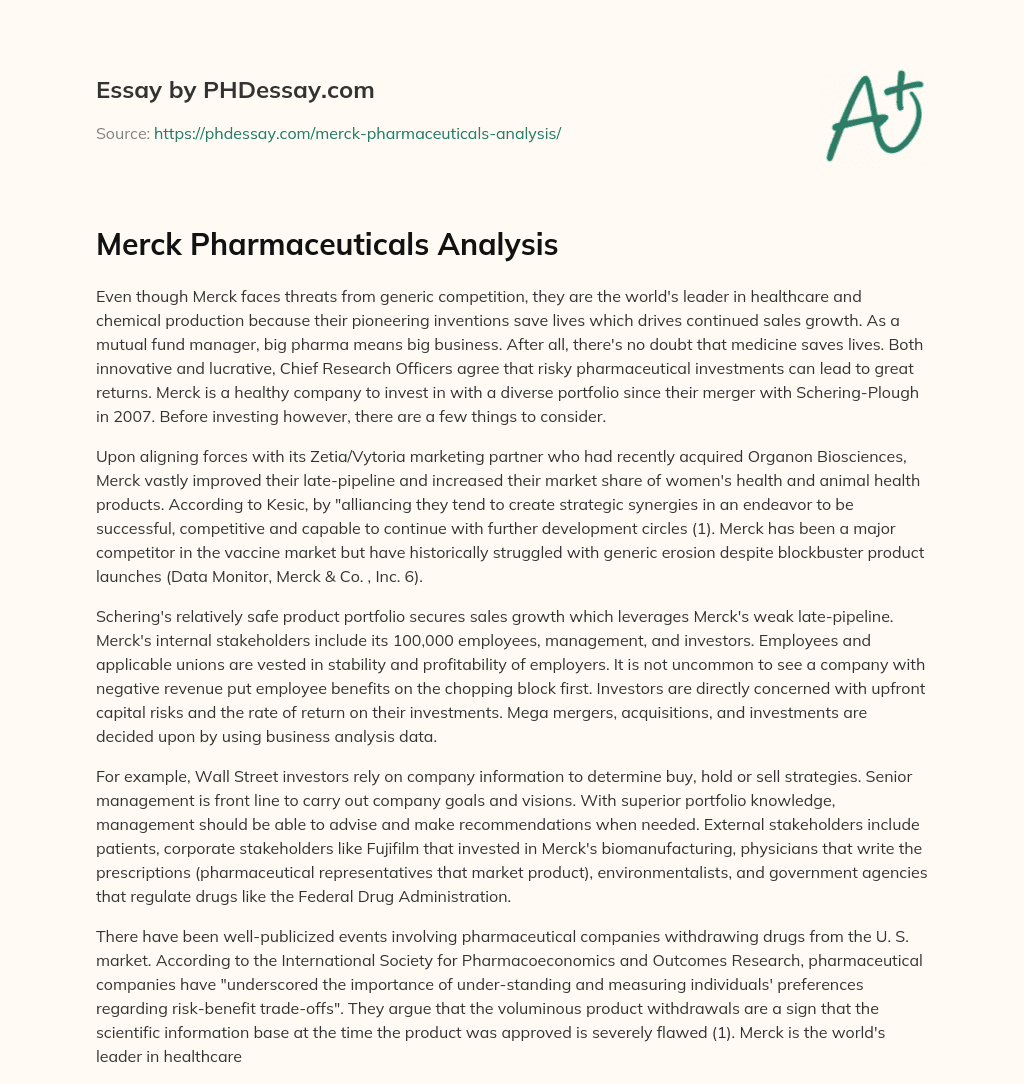 Merck Pharmaceuticals Analysis essay