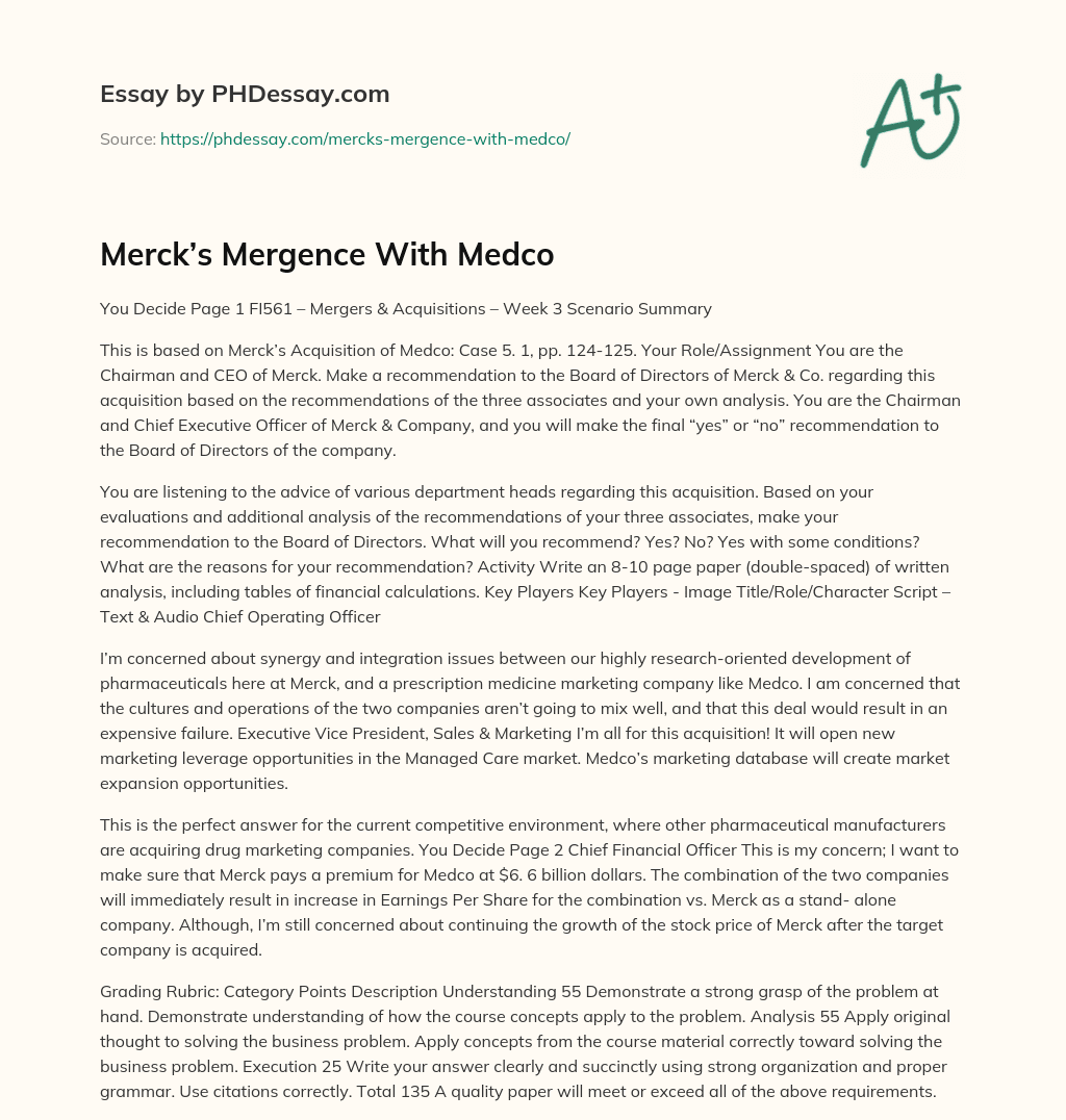 Merck’s Mergence With Medco essay