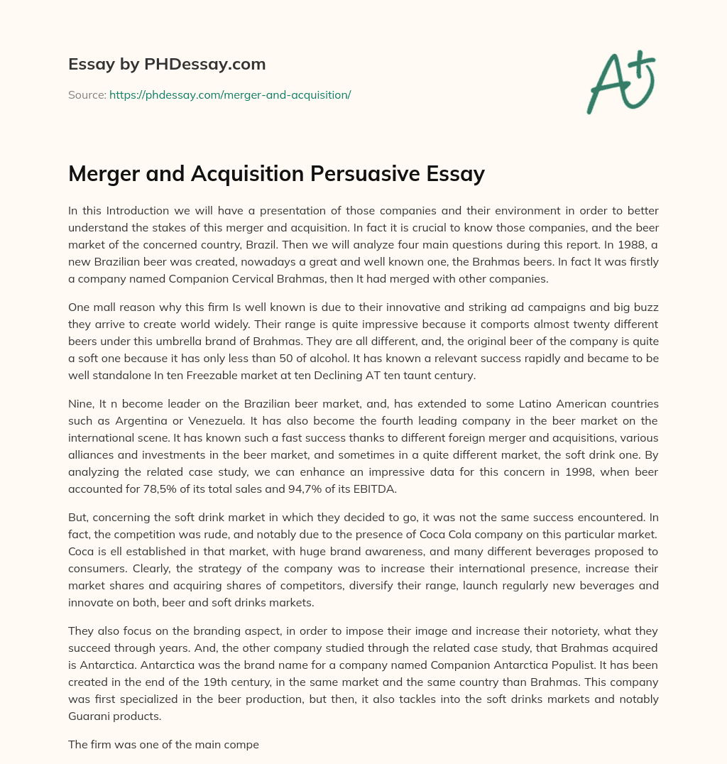 Merger and Acquisition Persuasive Essay essay
