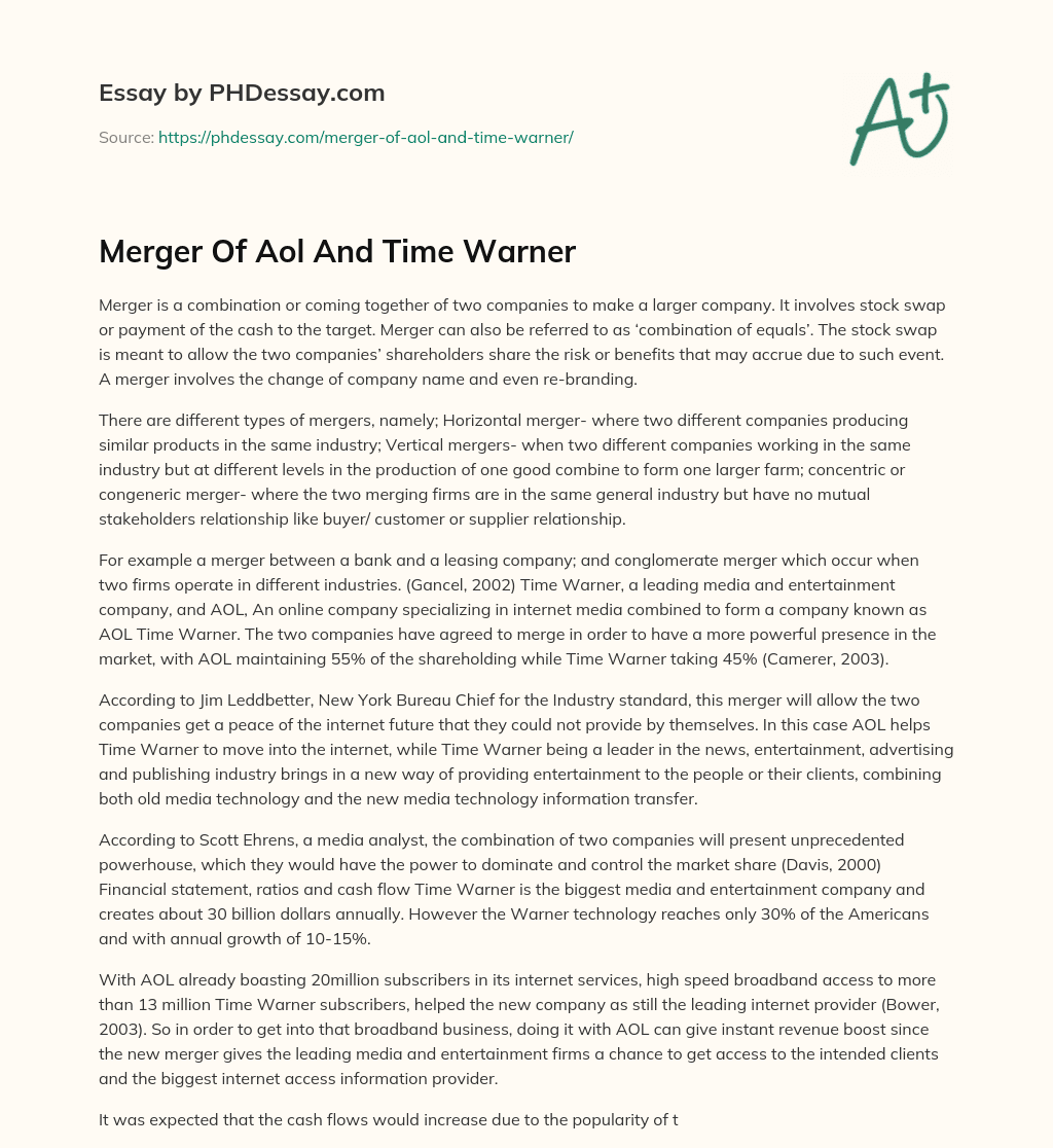Merger Of Aol And Time Warner essay
