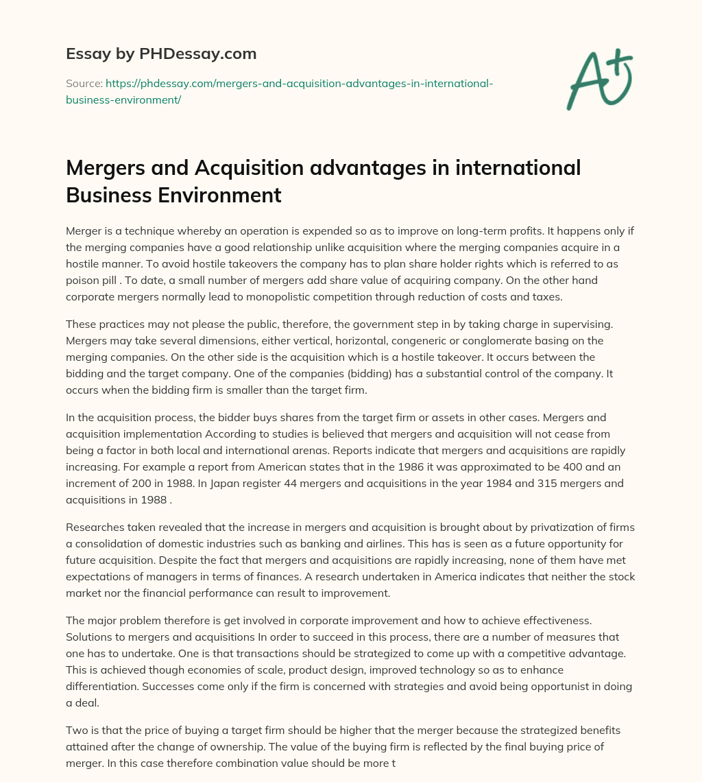Mergers and Acquisition advantages in international Business Environment essay