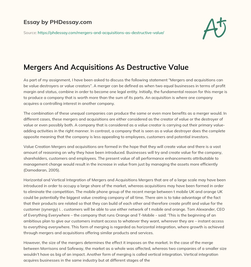 Mergers And Acquisitions As Destructive Value essay