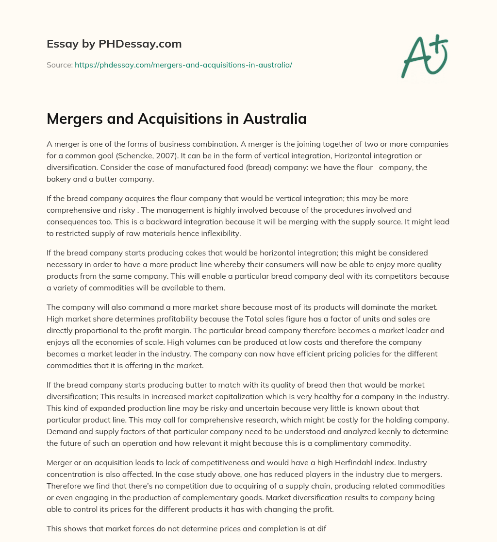 Mergers and Acquisitions in Australia essay