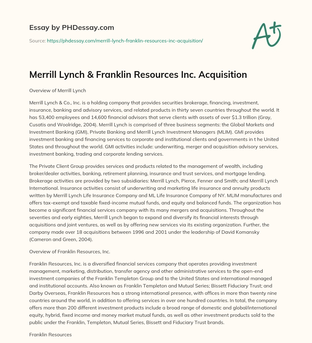 Merrill Lynch & Franklin Resources Inc. Acquisition essay