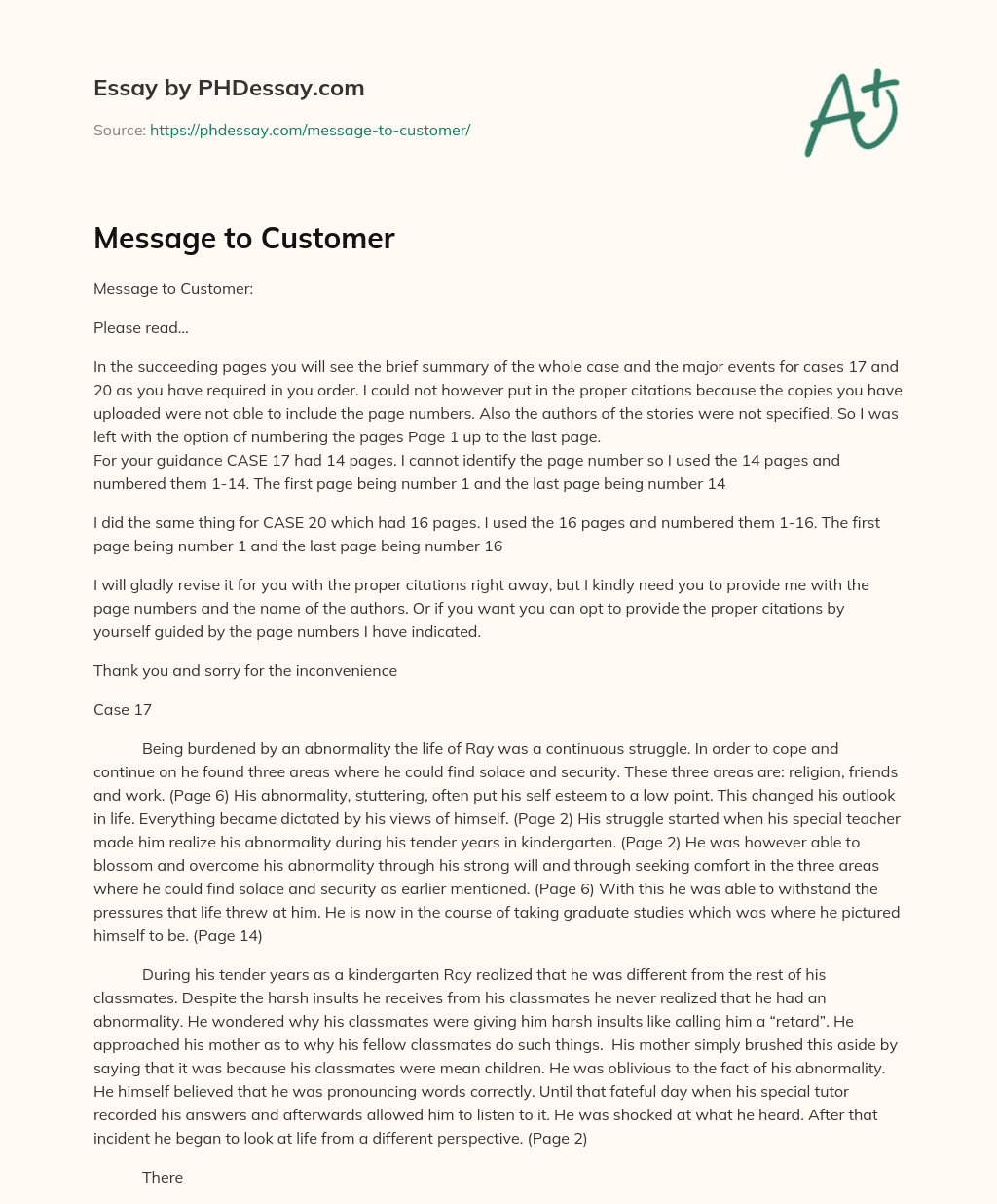 Message to Customer essay