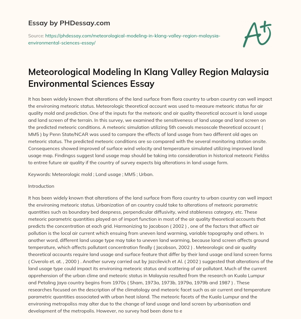 Meteorological Modeling In Klang Valley Region Malaysia Environmental Sciences Essay essay