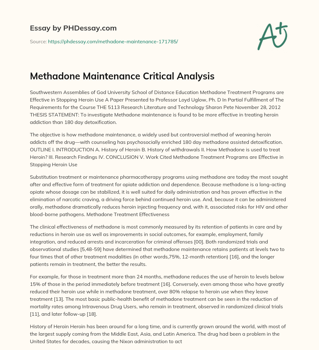 Methadone Maintenance Critical Analysis essay