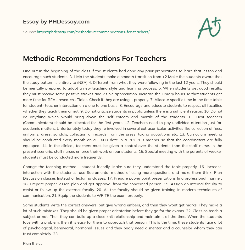 Methodic Recommendations For Teachers essay