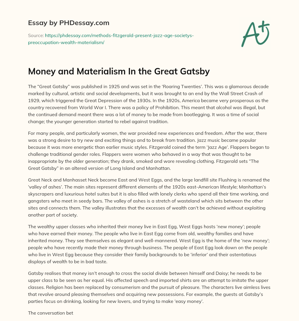 Money and Materialism In the Great Gatsby essay