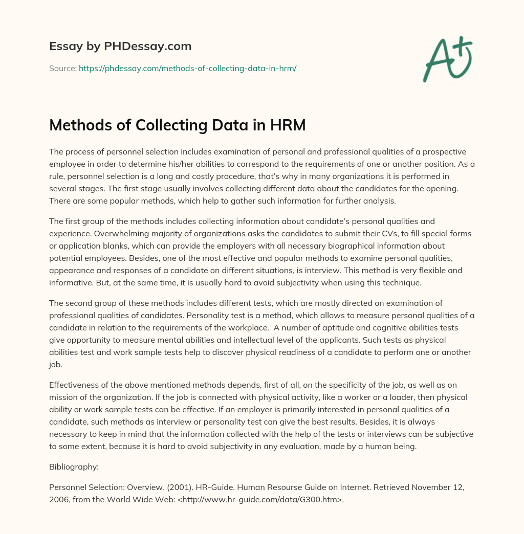 Methods of Collecting Data in HRM (400 Words)