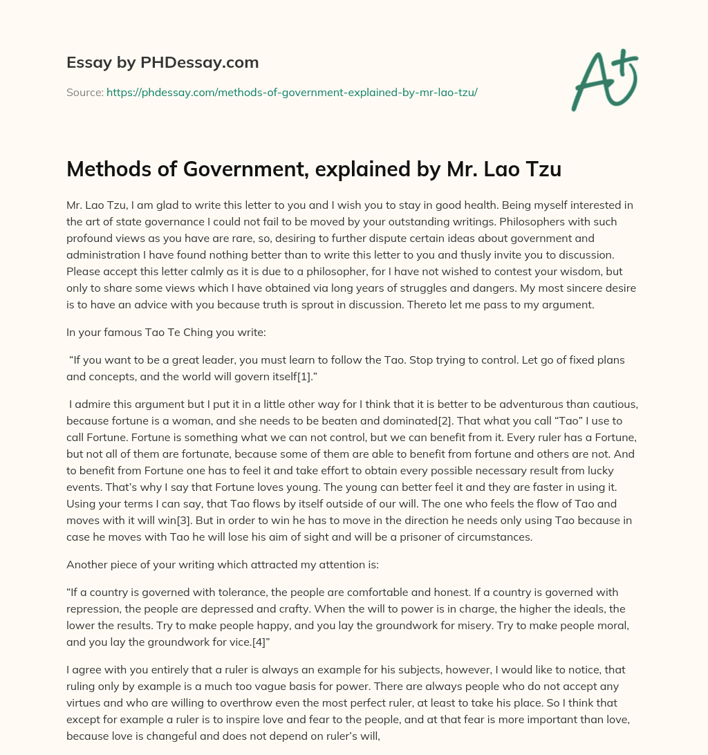 Methods of Government, explained by Mr. Lao Tzu essay