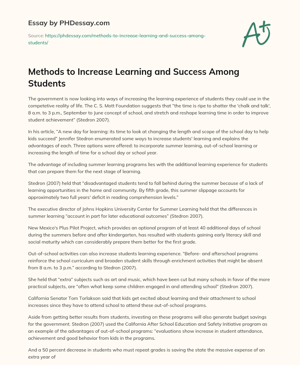 Methods to Increase Learning and Success Among Students essay