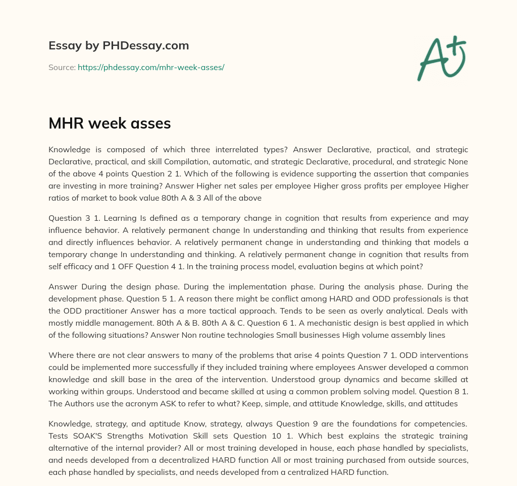 MHR week asses essay