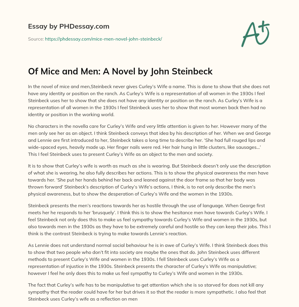 Of Mice and Men: A Novel by John Steinbeck essay