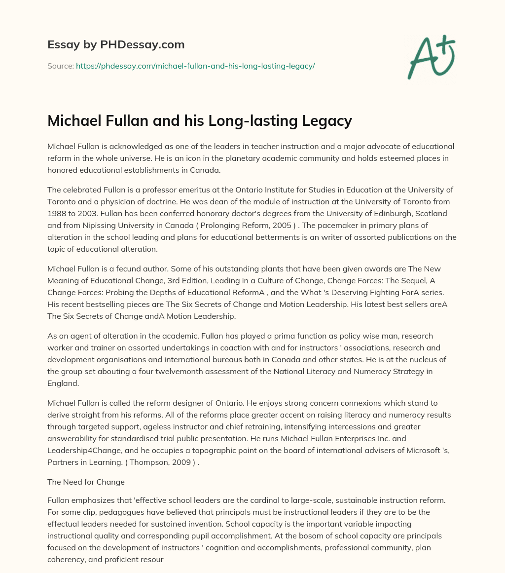 Michael Fullan and his Long-lasting Legacy essay