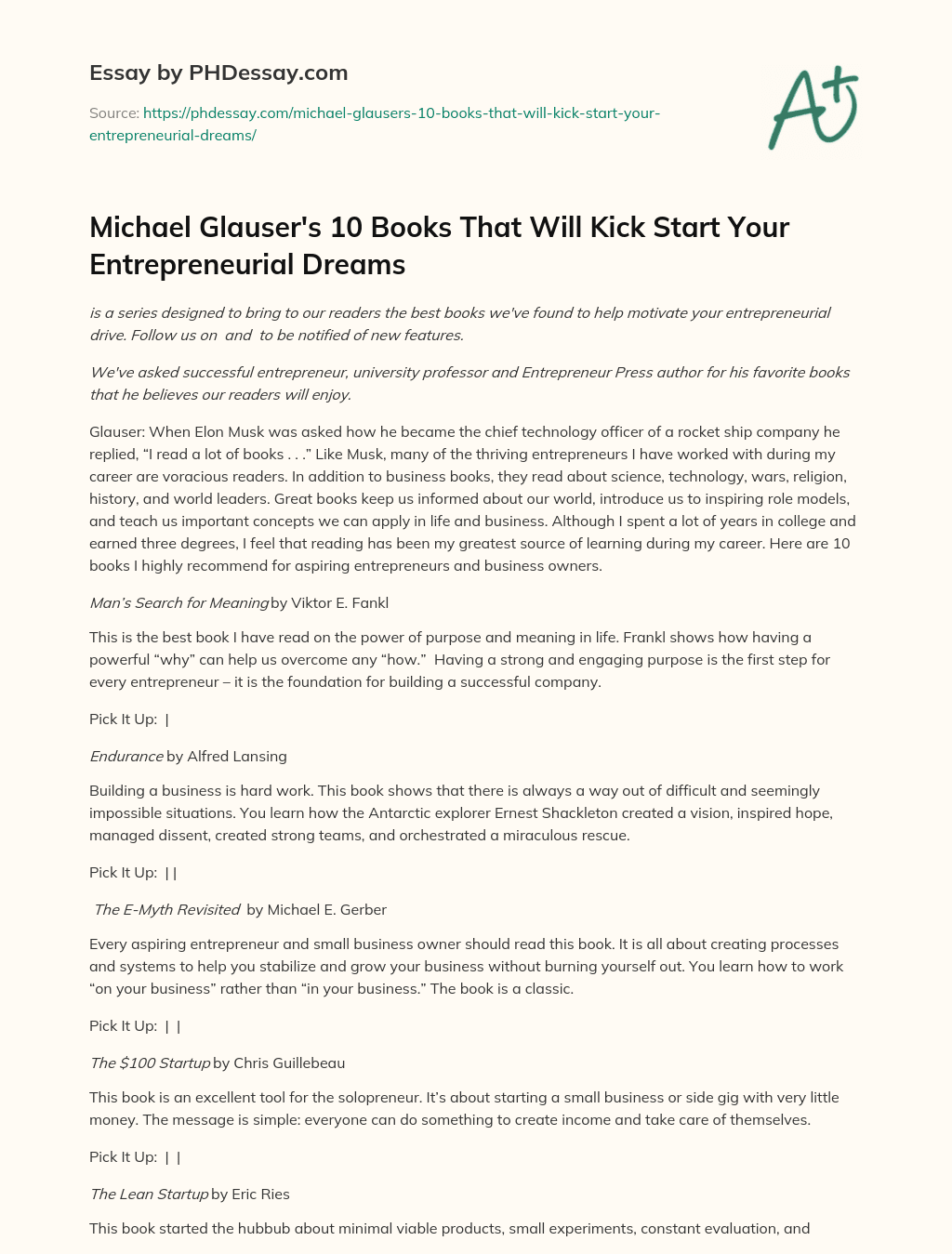 Michael Glauser’s 10 Books That Will Kick Start Your Entrepreneurial Dreams essay