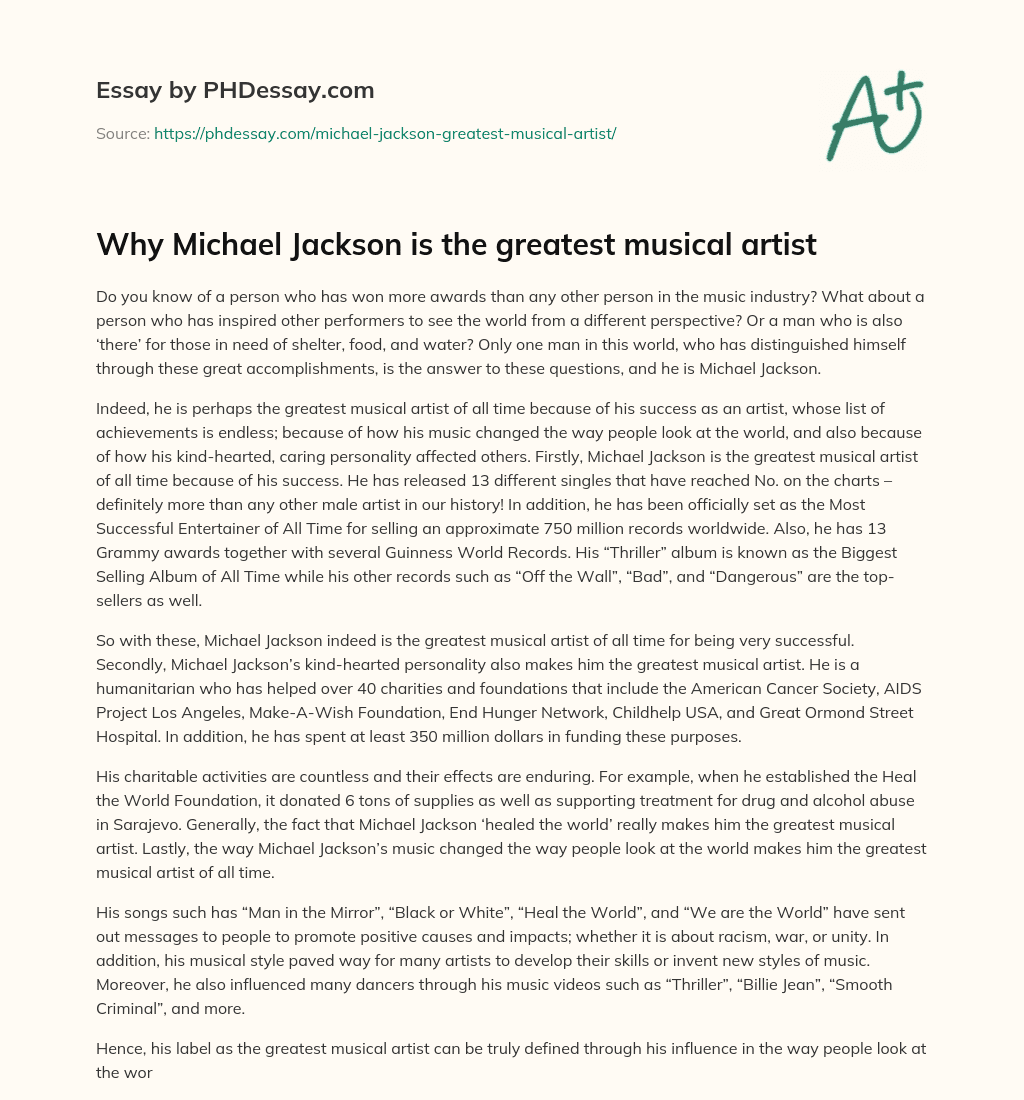 Why Michael Jackson is the greatest musical artist essay