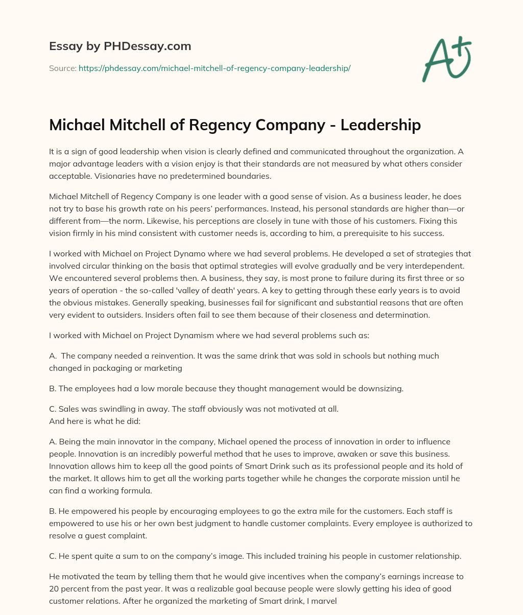 Michael Mitchell of Regency Company – Leadership essay