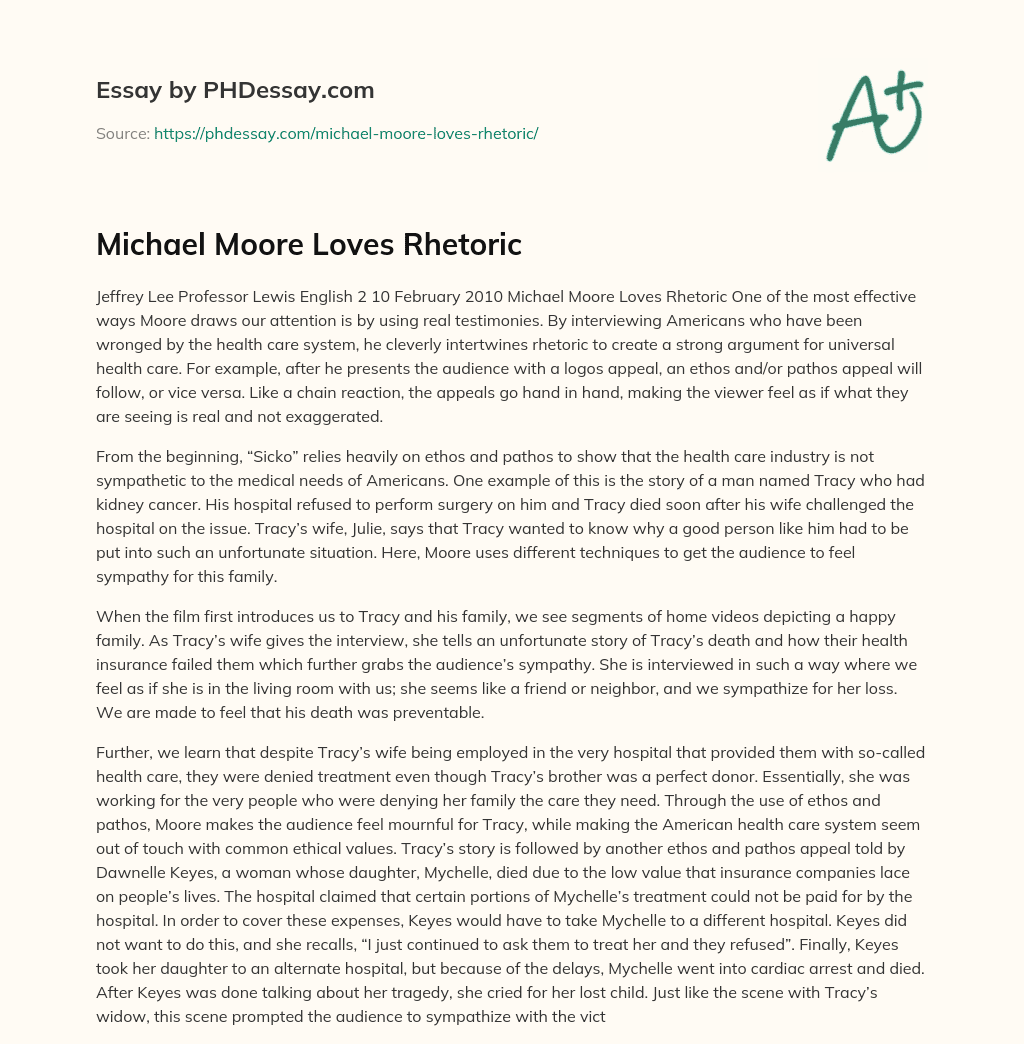 Michael Moore Loves Rhetoric essay