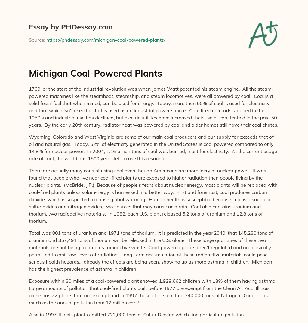 Michigan Coal-Powered Plants essay