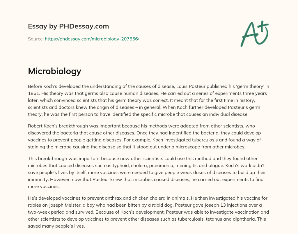 Koch’s Breakthrough: Identifying Specific Microbes that essay
