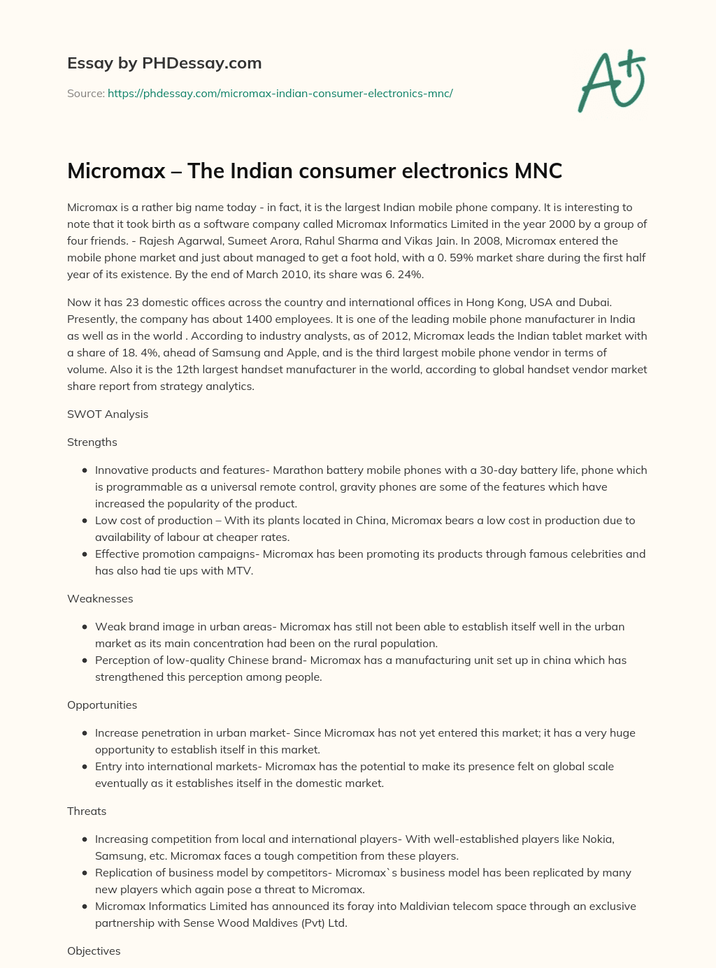 Micromax – The Indian consumer electronics MNC essay