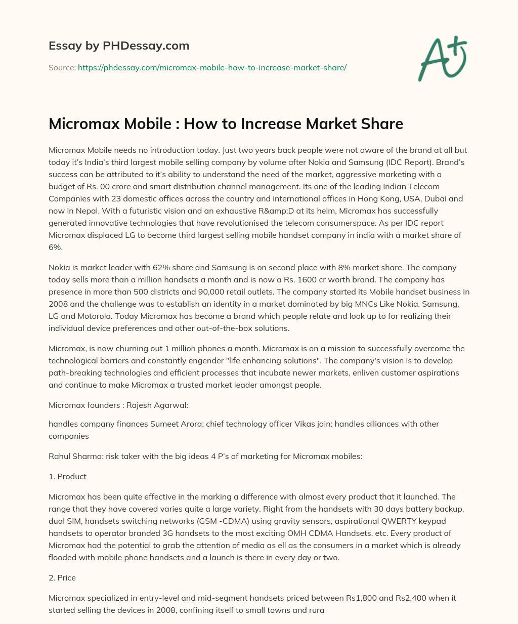 Micromax Mobile : How to Increase Market Share essay