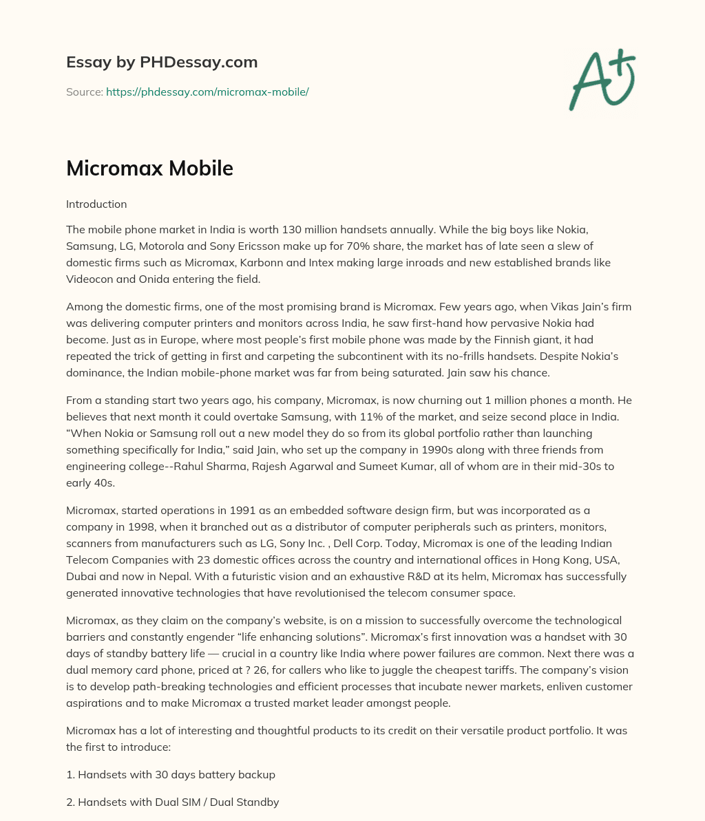 Micromax Mobile essay