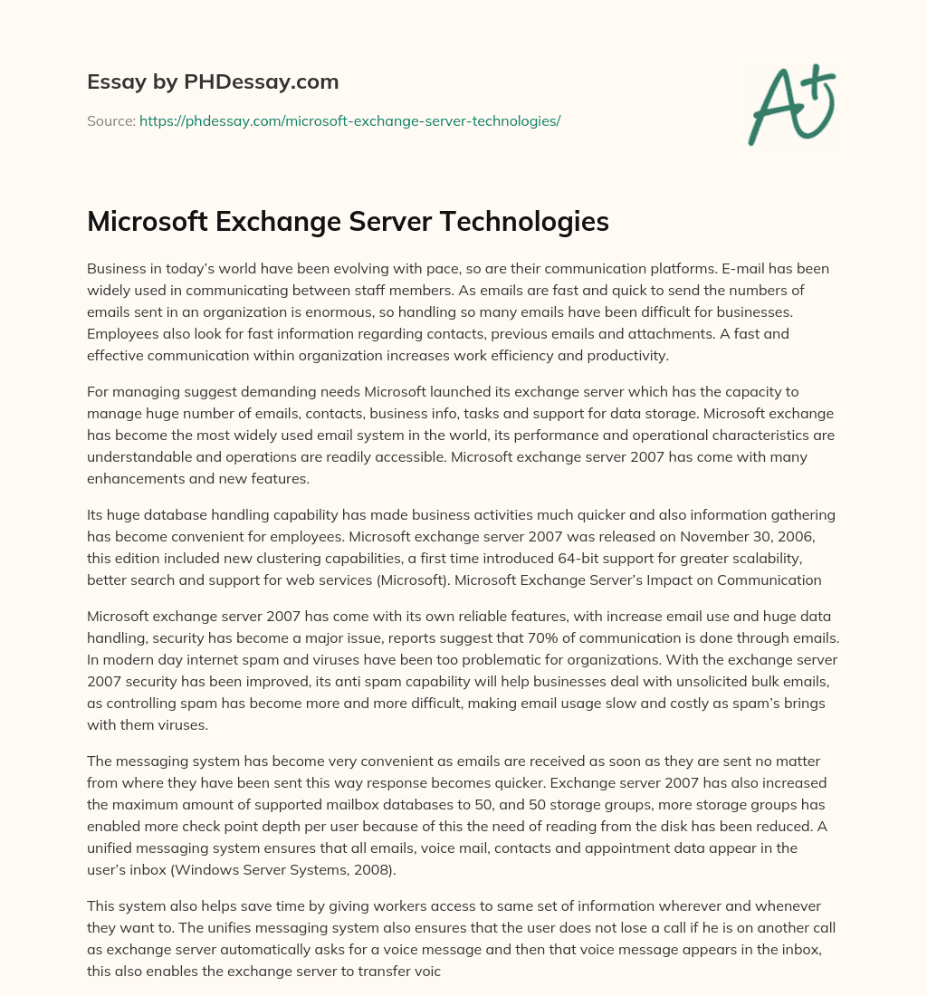 Microsoft Exchange Server Technologies essay