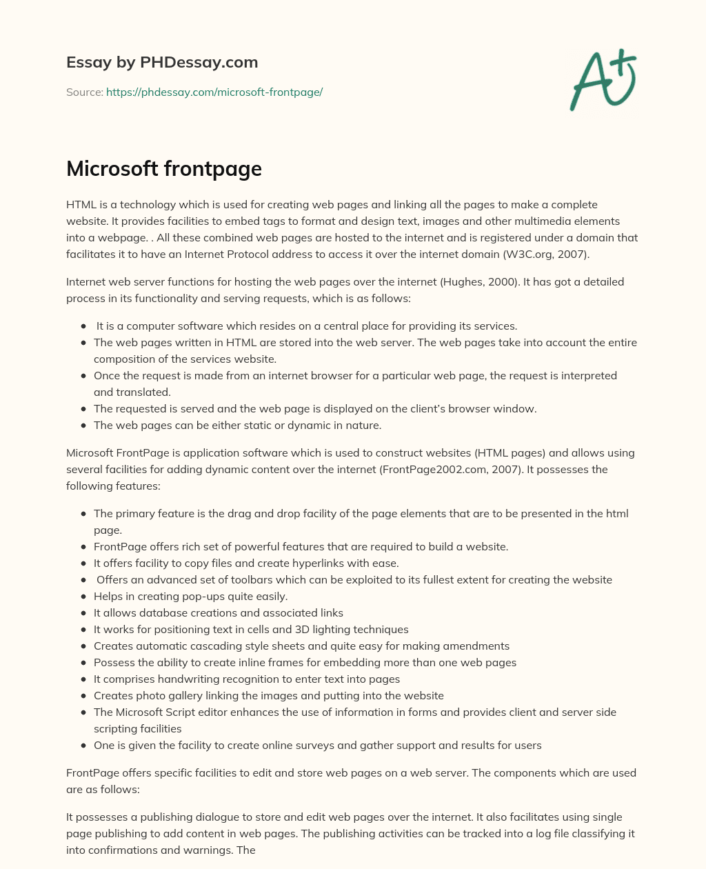 Microsoft frontpage (600 Words) - PHDessay.com
