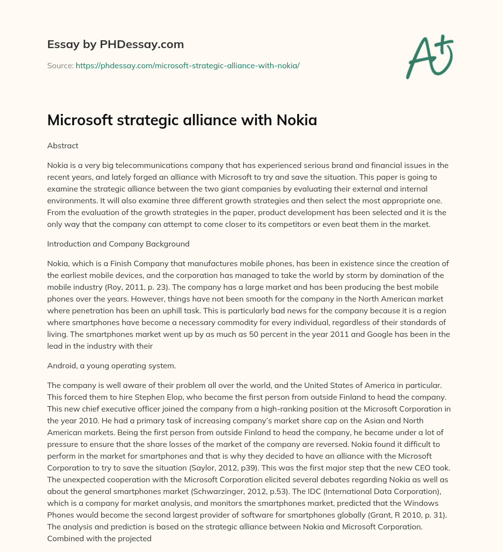 Microsoft strategic alliance with Nokia essay